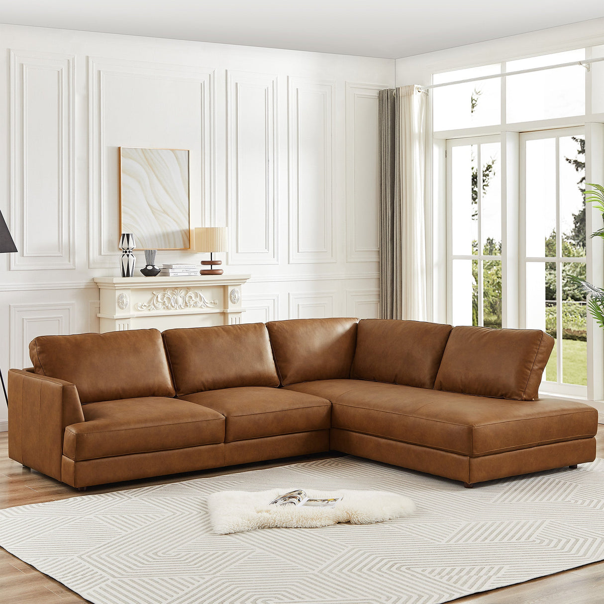 Glander Cognac Leather Sectional Sofa Right Facing by Ashcroft Furniture at Eve Furniture