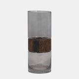 Glass, 10" Cylinder Vase W/ Wood Band, Clear