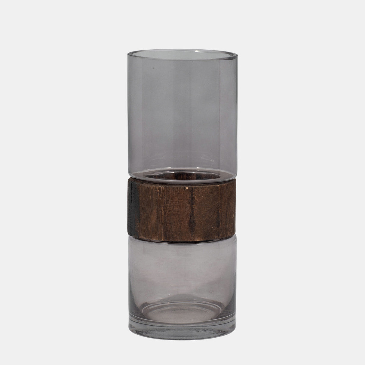 Glass, 10" Cylinder Vase W/ Wood Band, Clear