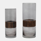 Glass, 10" Cylinder Vase W/ Wood Band, Clear