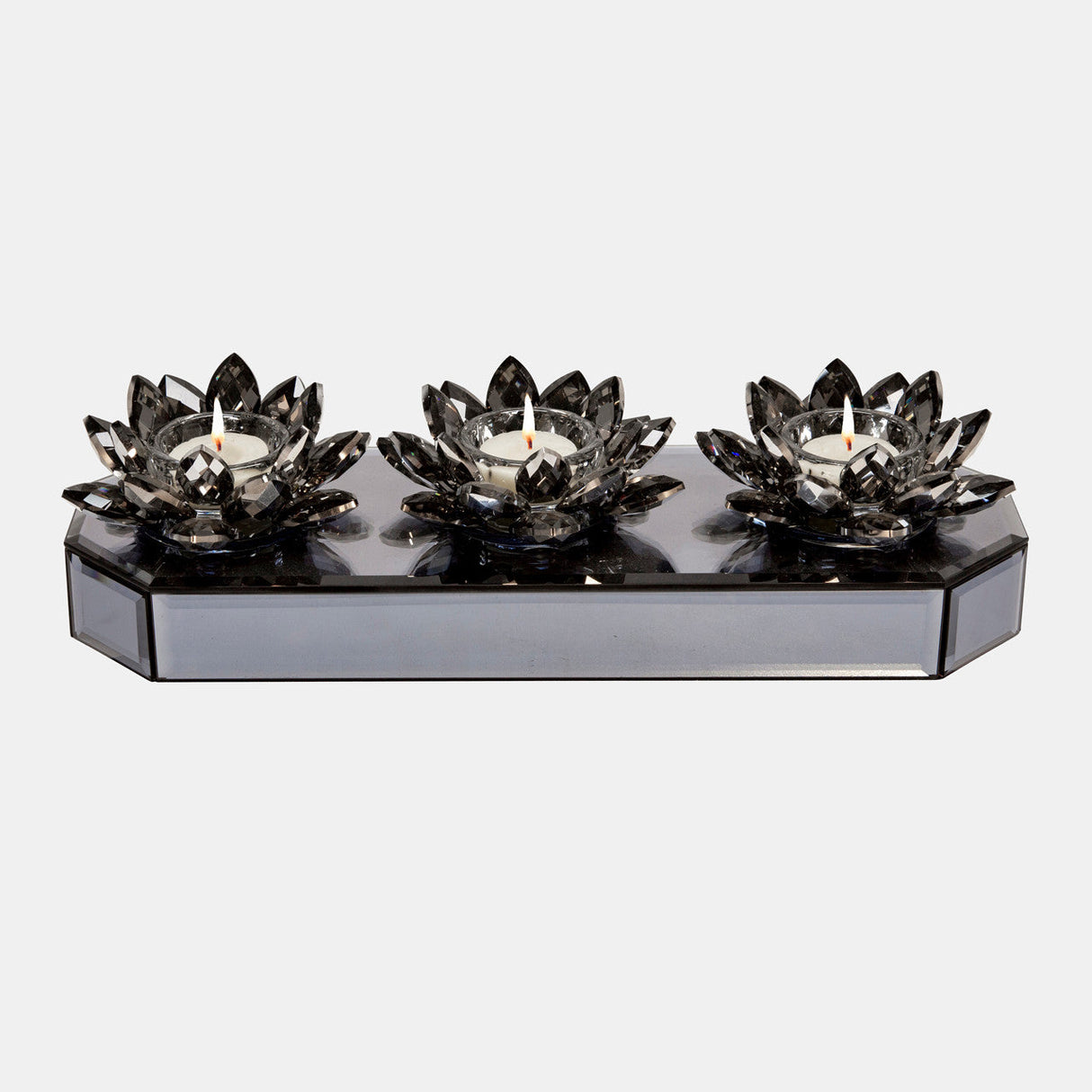 Glass 13" 3 Lotus Mirrored Candle Holder, Black