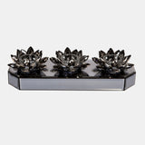 Glass 13" 3 Lotus Mirrored Candle Holder, Black