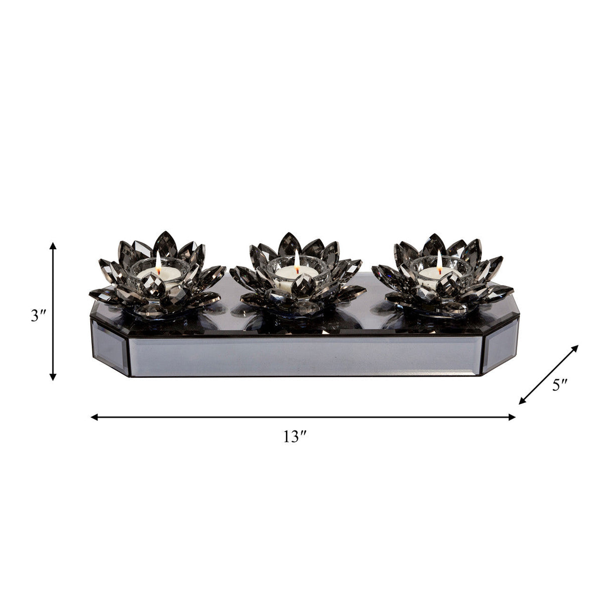 Glass 13" 3 Lotus Mirrored Candle Holder, Black