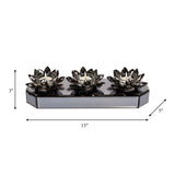 Glass 13" 3 Lotus Mirrored Candle Holder, Black