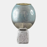 Glass, 13" Bowl Pillar Holder Marble Base, Aqua/wh