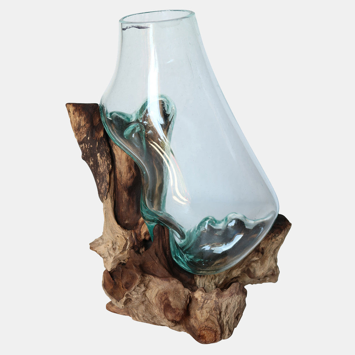 Glass 14"h Vase In Wood Stand, Brown