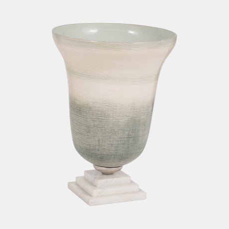 Glass, 14" Vase On Marble Base, Sage/ivory Kd