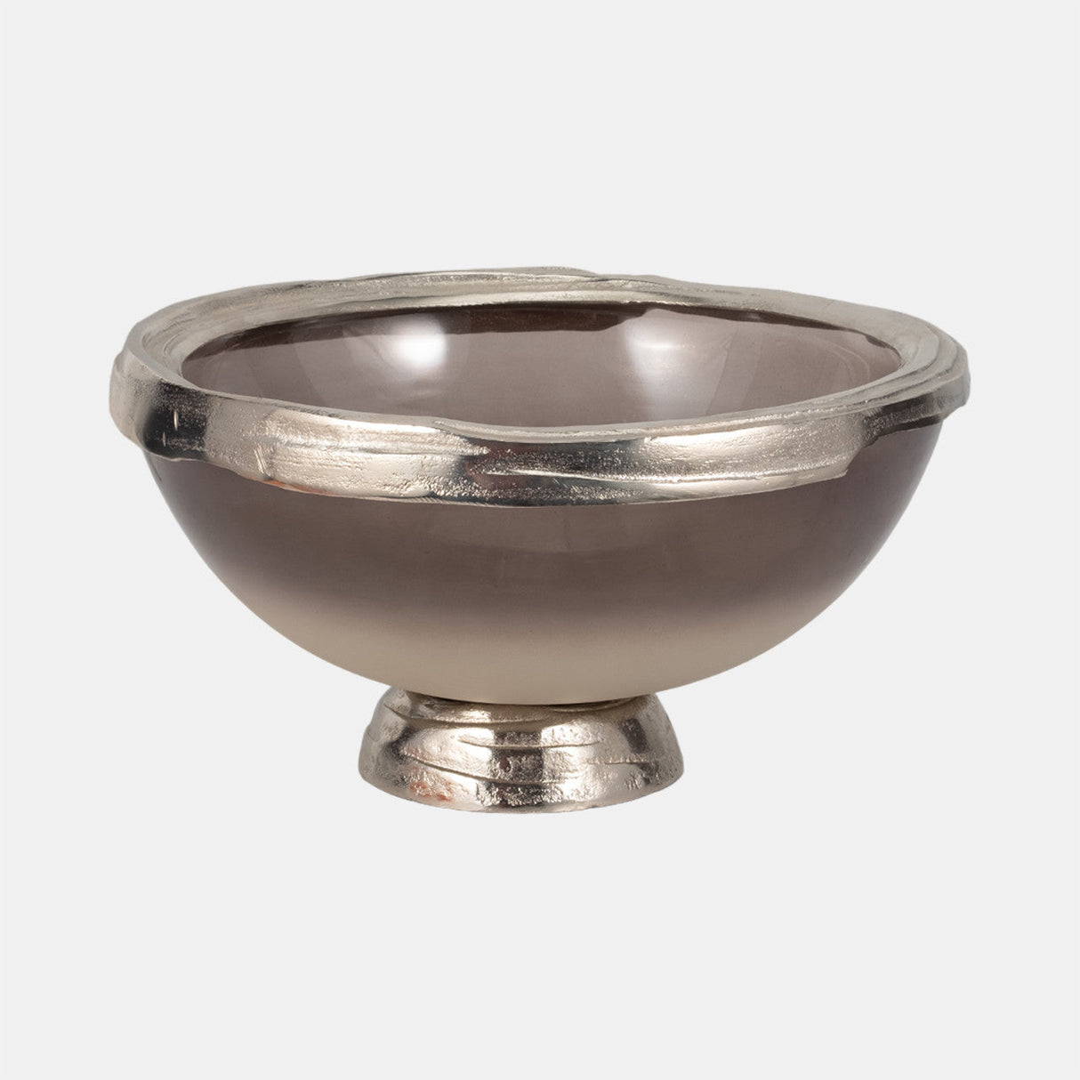 Glass, 15"d Bowl W/ Silver Base, Taupe Nickel