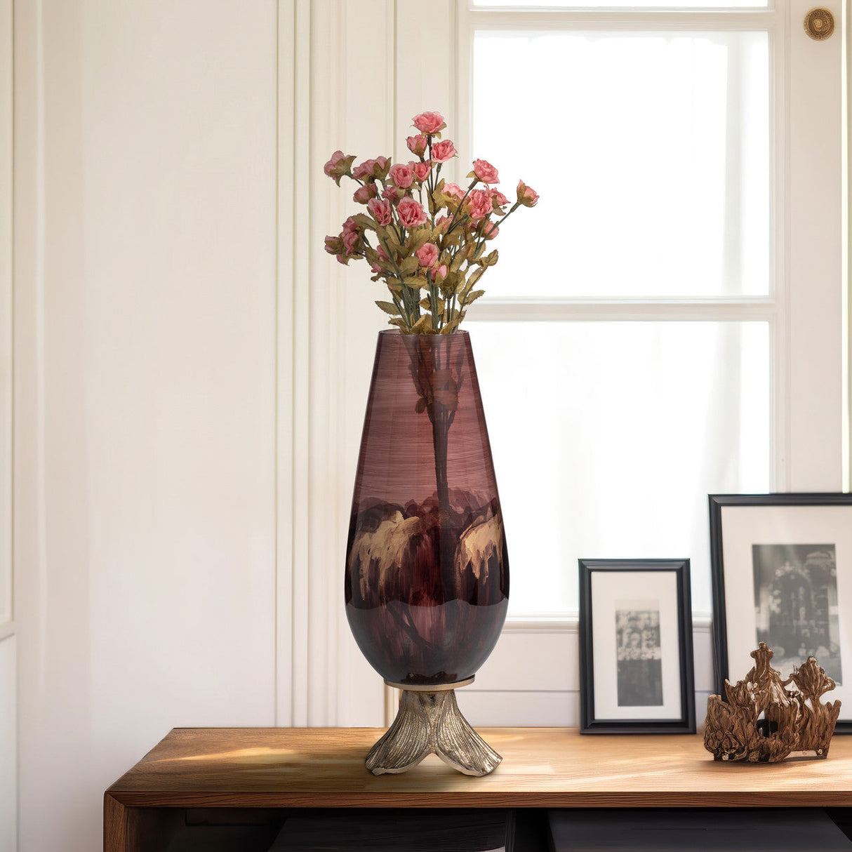 Glass, 15" Vase W/ Leaf Base, Bronze