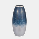 Glass,18"h Vase W/metal Rim, Blue/wht Ombre