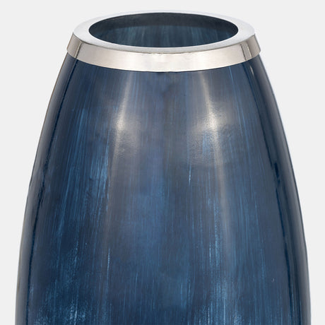 Glass,18"h Vase W/metal Rim, Blue/wht Ombre