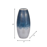 Glass,18"h Vase W/metal Rim, Blue/wht Ombre