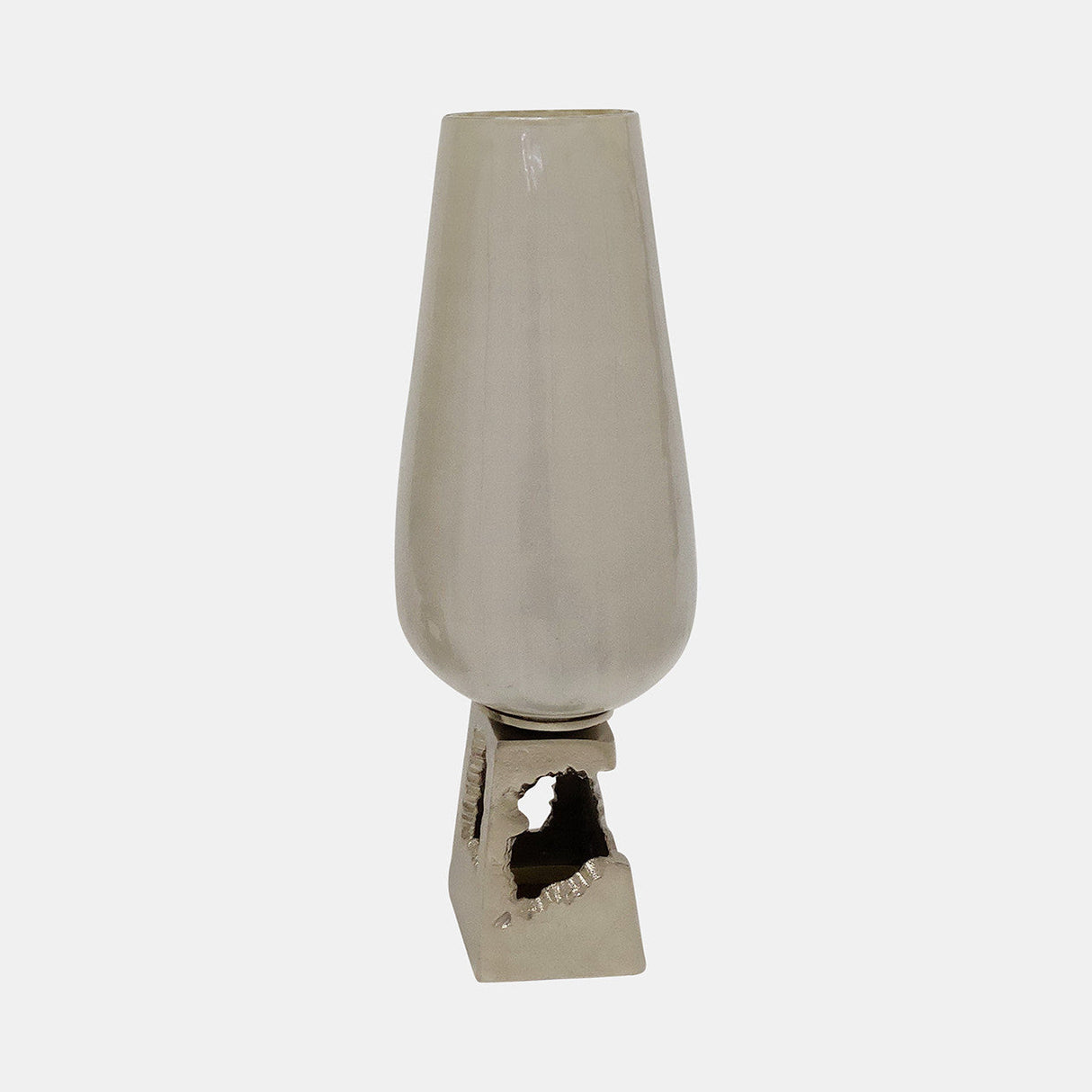 Glass, 19"h Vase W/ Metal Base, Pearl White