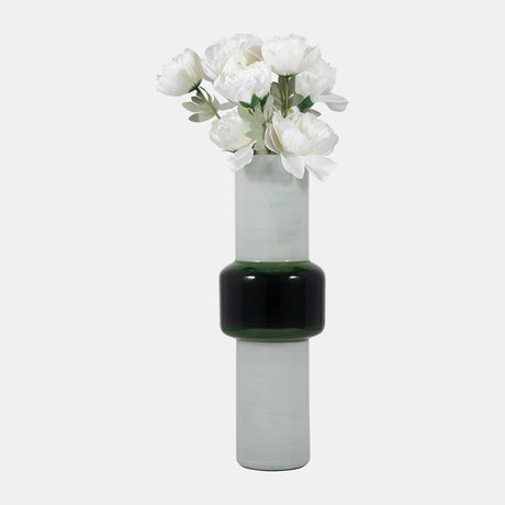 Glass, 19" Modern Cylinder Vase, White/green