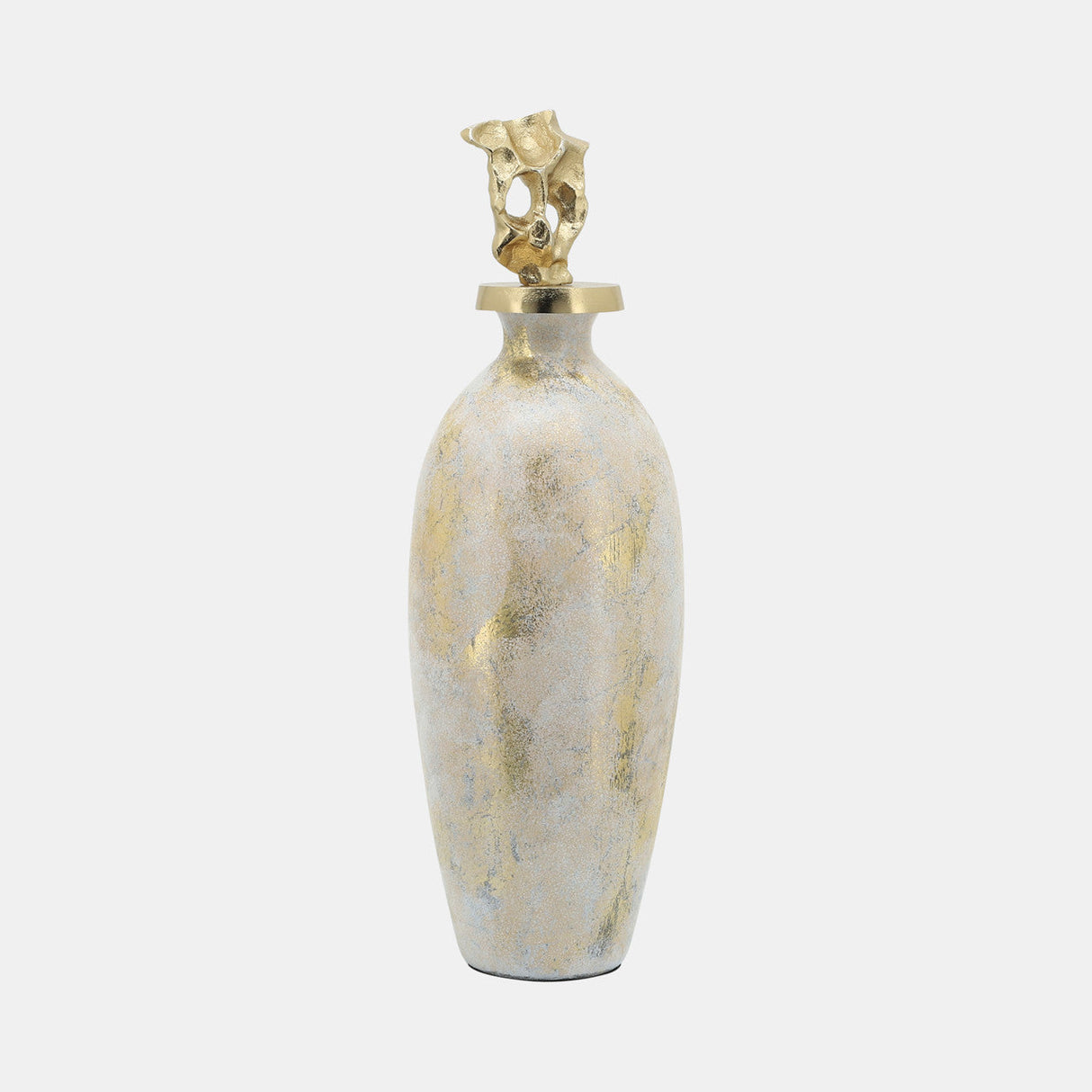 Glass, 20"h Metal Vase Tribal Topper, White/gold