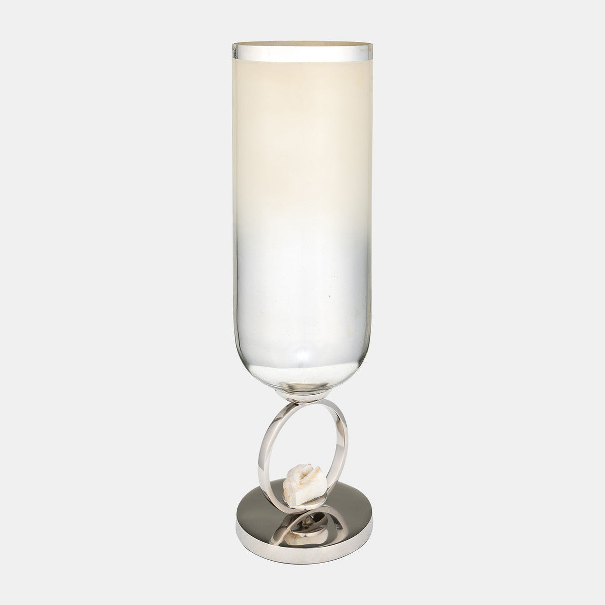 Glass, 21" Vase W/ Metal Base Stone Accent, Pearl