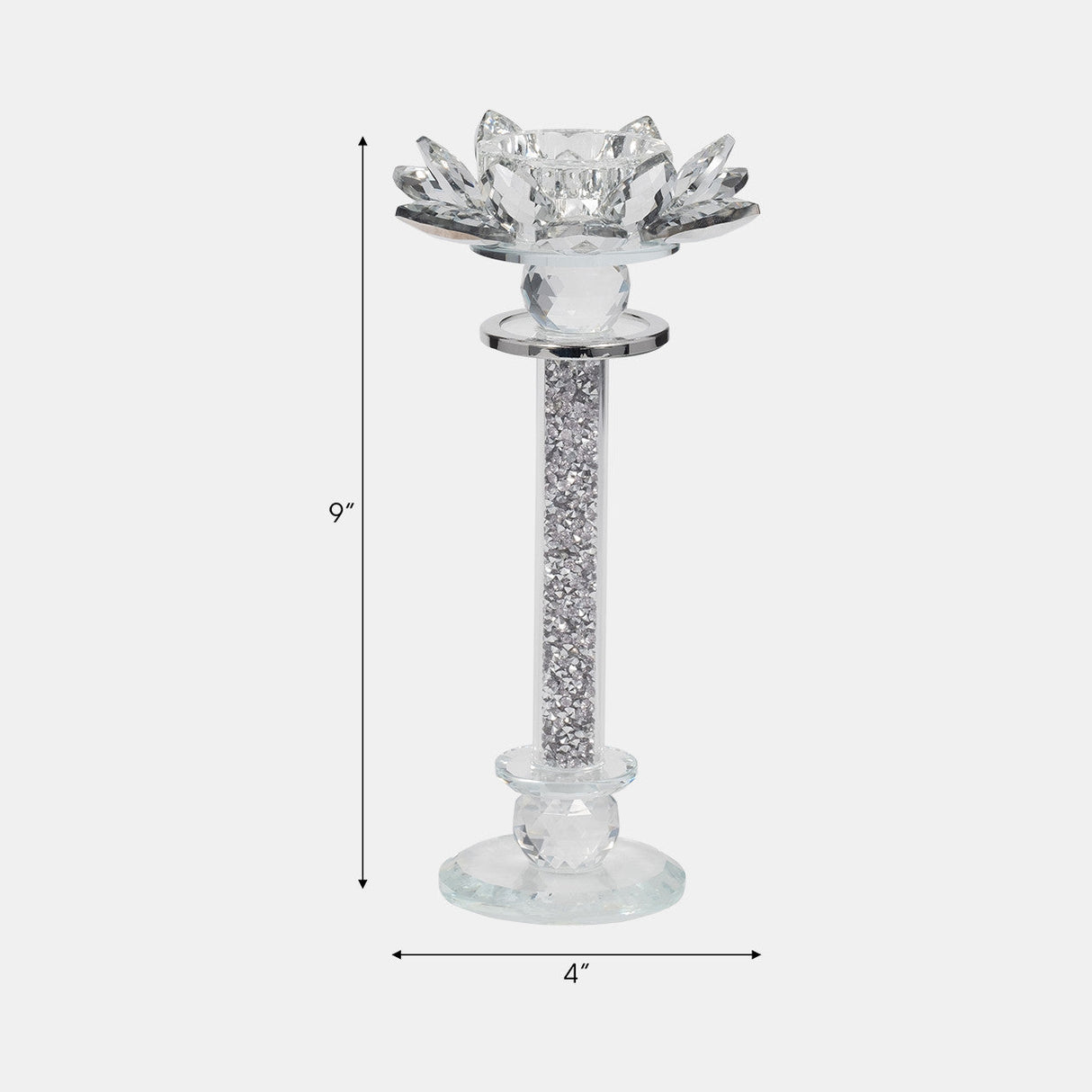 Glass, 9"h Lotus Glitter Candle Holder, Silver