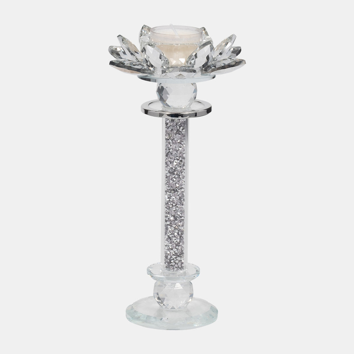 Glass, 9"h Lotus Glitter Candle Holder, Silver