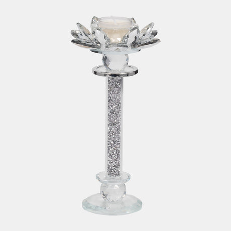 Glass, 9"h Lotus Glitter Candle Holder, Silver