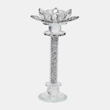 Glass, 9"h Lotus Glitter Candle Holder, Silver