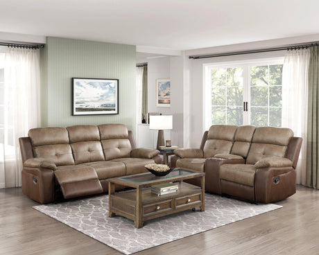 Glendale Brown Microfiber Double Glider Reclining Loveseat with Center Console by Homelegance at Eve Furniture