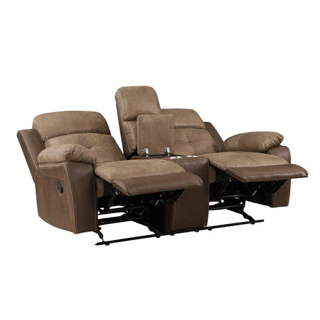 Glendale Brown Microfiber Double Glider Reclining Loveseat with Center Console by Homelegance at Eve Furniture