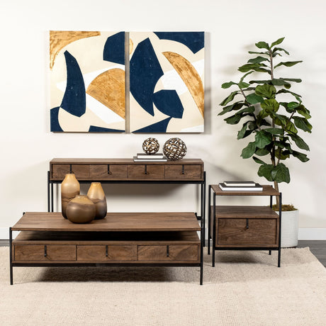 Glenn II Dark Brown Wood w/ Black Iron Frame, Rectangle 3 Drawers Coffee Table by Mercana at Eve Furniture
