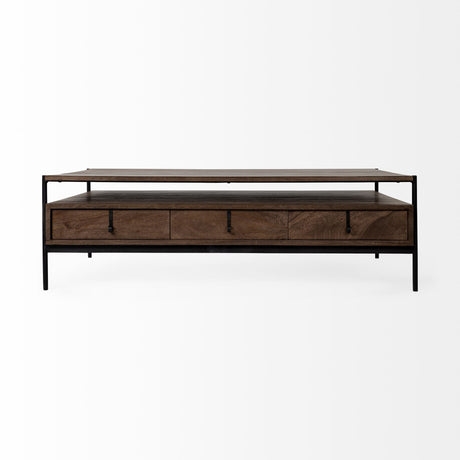 Glenn II Dark Brown Wood w/ Black Iron Frame, Rectangle 3 Drawers Coffee Table by Mercana at Eve Furniture