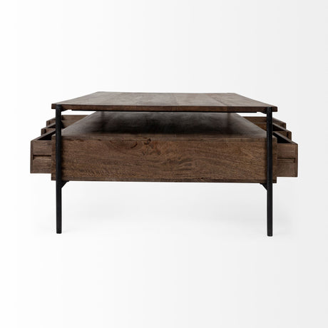 Glenn II Dark Brown Wood w/ Black Iron Frame, Rectangle 3 Drawers Coffee Table by Mercana at Eve Furniture