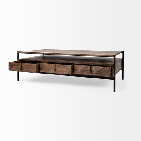 Glenn II Dark Brown Wood w/ Black Iron Frame, Rectangle 3 Drawers Coffee Table by Mercana at Eve Furniture