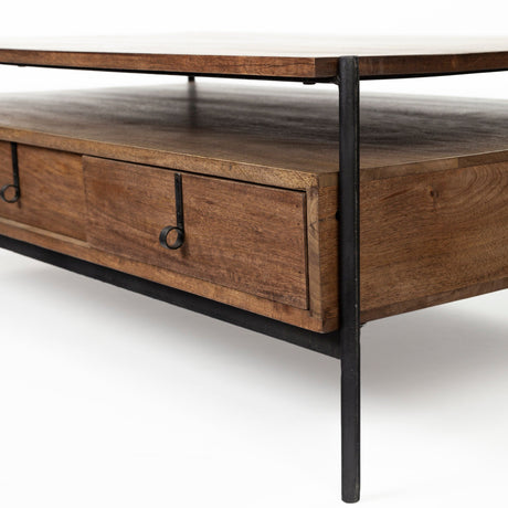 Glenn II Dark Brown Wood w/ Black Iron Frame, Rectangle 3 Drawers Coffee Table by Mercana at Eve Furniture
