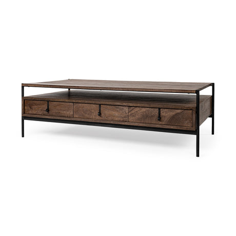 Glenn II Dark Brown Wood w/ Black Iron Frame, Rectangle 3 Drawers Coffee Table by Mercana at Eve Furniture