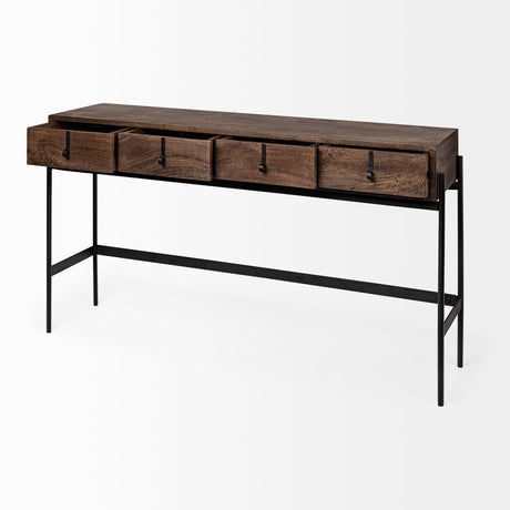 Glenn III Dark Brown Wood w/ Black Iron Frame, 4 Drawer Console Table by Mercana at Eve Furniture