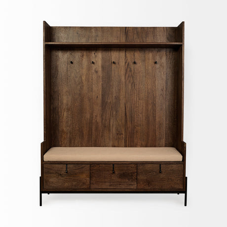 Glenn V Dark Brown Wood w/ Cream Fabric Seat, 3 Drawers Hall Tree by Mercana at Eve Furniture