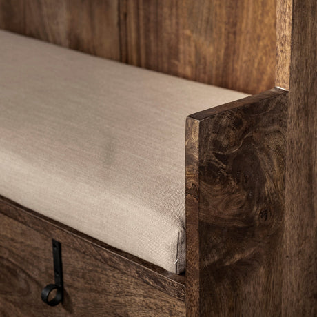 Glenn V Dark Brown Wood w/ Cream Fabric Seat, 3 Drawers Hall Tree by Mercana at Eve Furniture