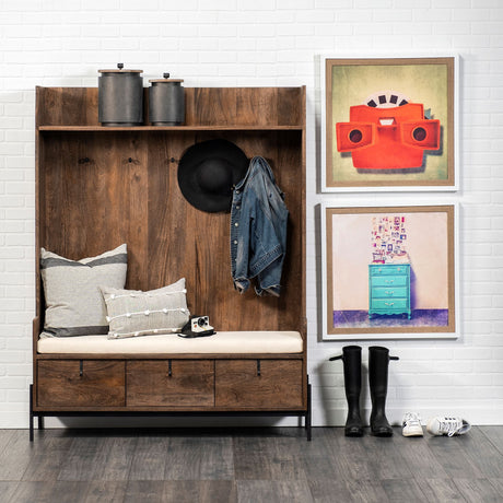 Glenn V Dark Brown Wood w/ Cream Fabric Seat, 3 Drawers Hall Tree by Mercana at Eve Furniture
