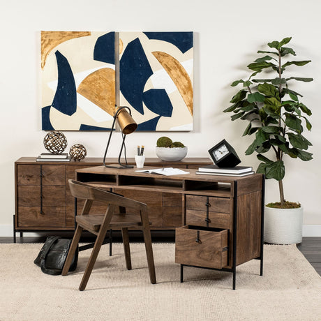 Glenn VII Dark Brown Wood w/ Black Iron Frame, 3 Drawer Office Desk by Mercana at Eve Furniture