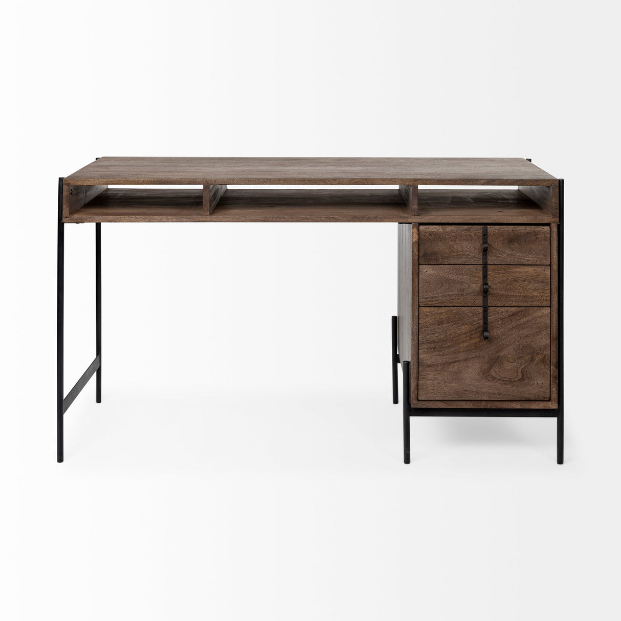 Glenn VII Dark Brown Wood w/ Black Iron Frame, 3 Drawer Office Desk by Mercana at Eve Furniture