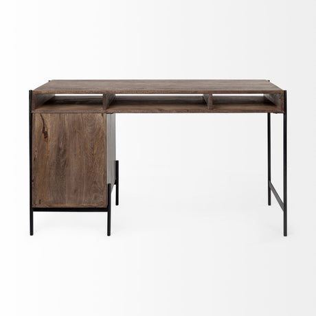 Glenn VII Dark Brown Wood w/ Black Iron Frame, 3 Drawer Office Desk by Mercana at Eve Furniture