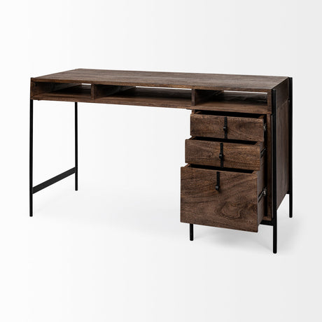 Glenn VII Dark Brown Wood w/ Black Iron Frame, 3 Drawer Office Desk by Mercana at Eve Furniture