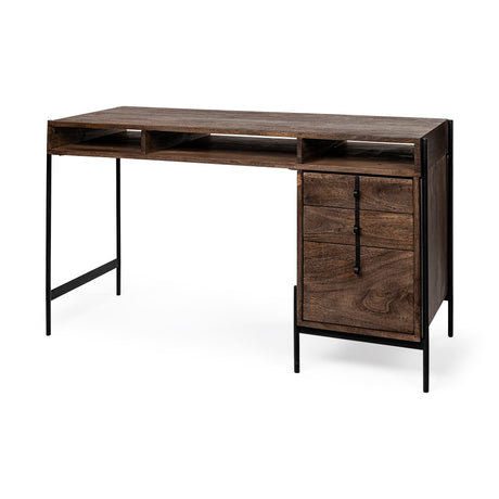 Glenn VII Dark Brown Wood w/ Black Iron Frame, 3 Drawer Office Desk by Mercana at Eve Furniture