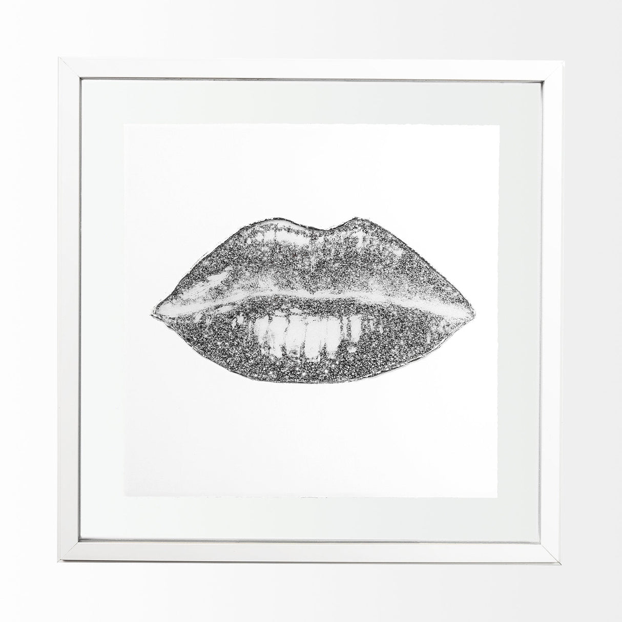 Glitter Lips I Silver by Victoria Barnes Hand Embellished Framed Art Print Matted under Glass by Mercana at Eve Furniture
