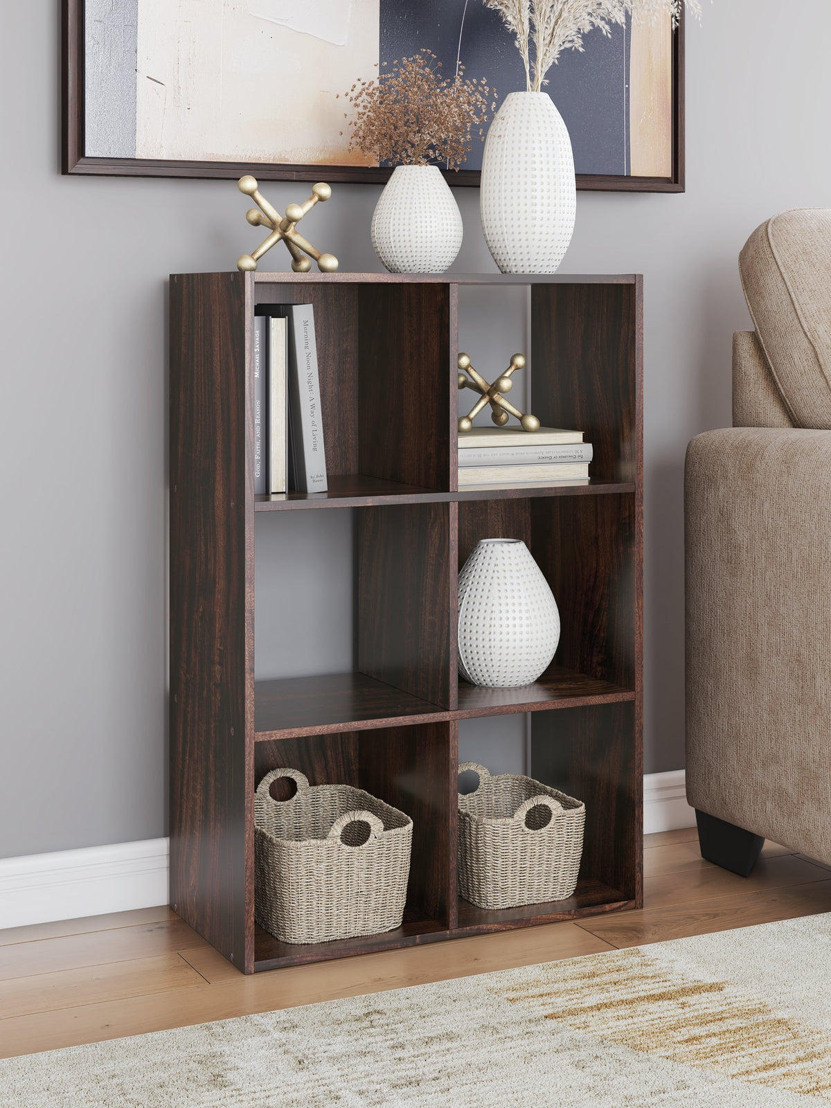 Glosmount Cherry/Light Brown Six Cube Organizer by Ashley at Eve Furniture
