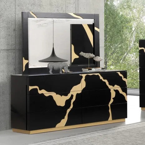 Goldsberg Black/Gold-Painted Pattern 4-Piece Queen Bedroom Set by Furniture of America at Eve Furniture