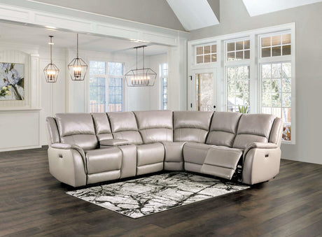 Gorgius Light Gray Leather Modular Power Reclining Sectional by Furniture of America at Eve Furniture