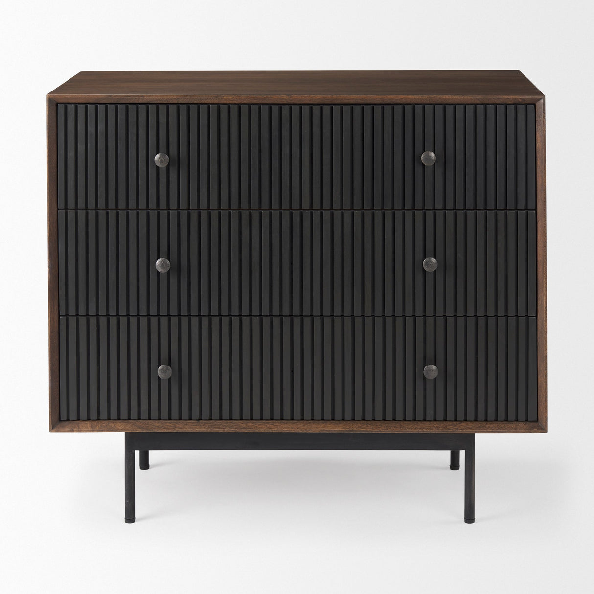 Grace 35.5L x 18.0W x 31.0H Medium Brown Wood W/Black Metal Frame 3 Drawer Accent Cabinet by Mercana at Eve Furniture