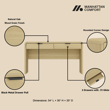 Grace 54" Home Office Desk in Natural Oak and Black by Manhattan Comfort at Eve Furniture
