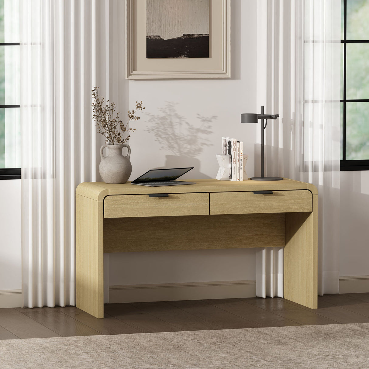 Grace 54" Home Office Desk in Natural Oak and Black by Manhattan Comfort at Eve Furniture