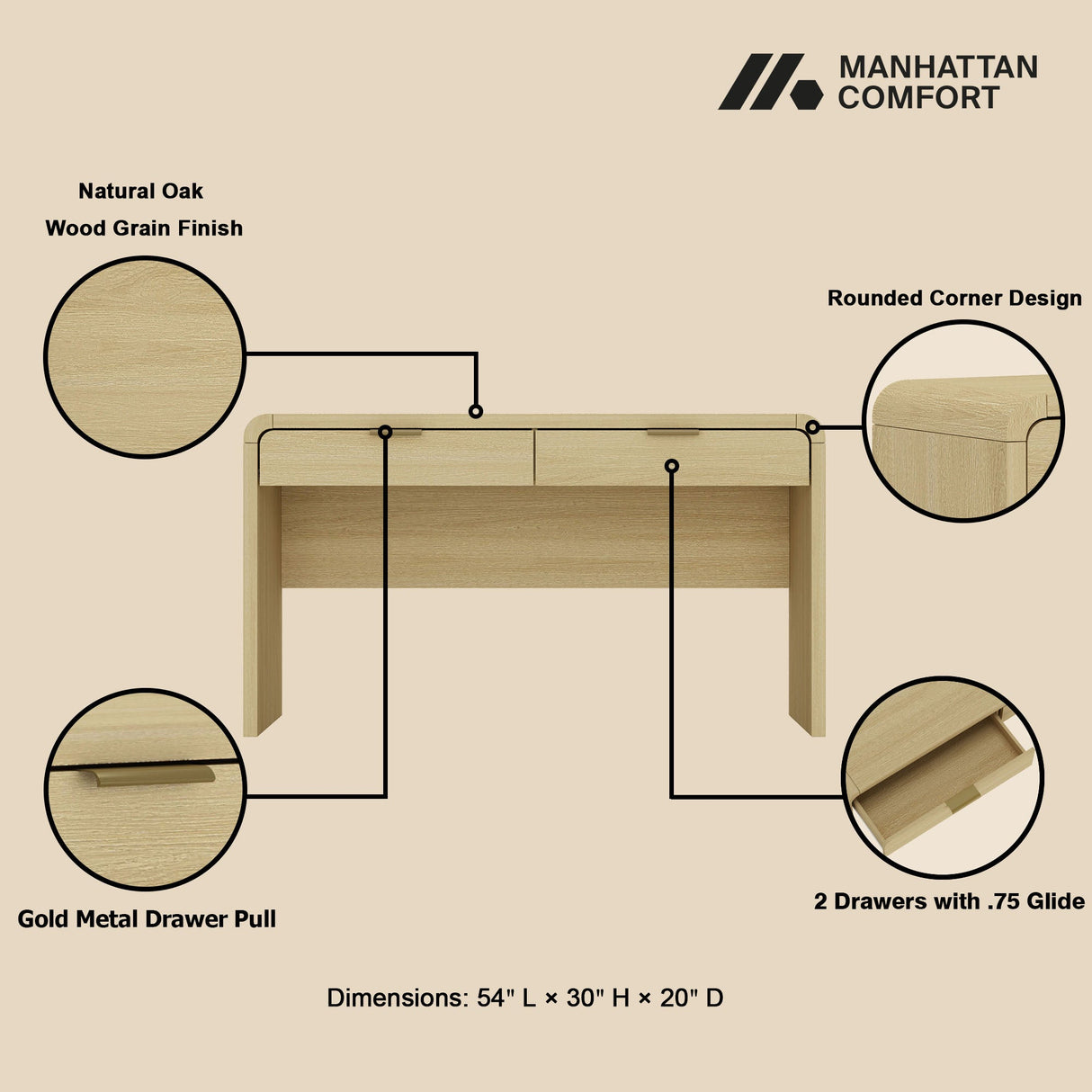 Grace 54" Home Office Desk in Natural Oak and Gold by Manhattan Comfort at Eve Furniture