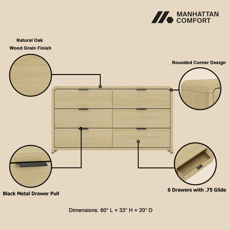 Grace 60" Double Dresser in Natural Oak and Black by Manhattan Comfort at Eve Furniture